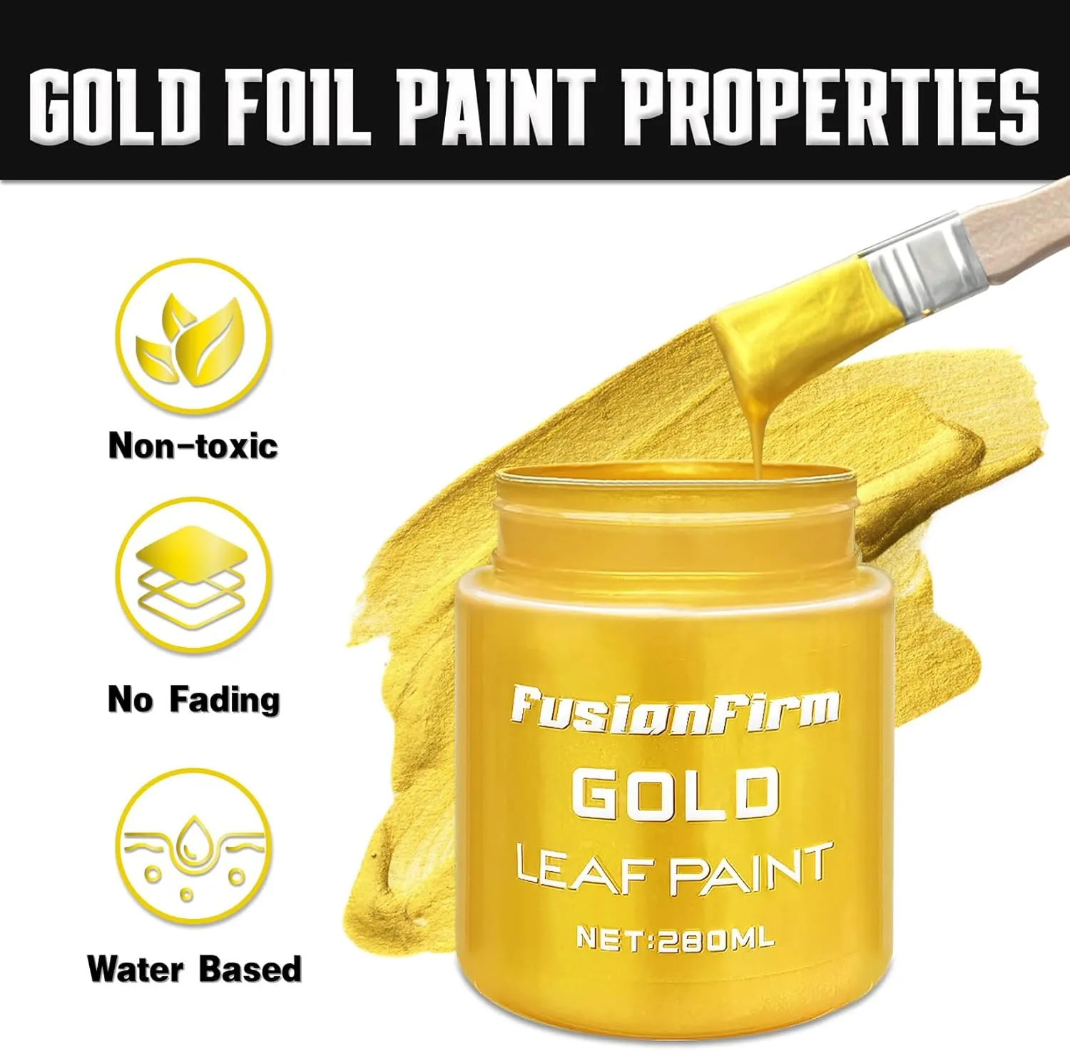 Acrylic Paint Metallic Gold, 280ml Liquid Gold Leaf Paint, Hand-crafts, Non-Toxic, Non-Fading Water-Based Gold Paint for Craft, Canvas, Wood, Fabric, Ceramic, Stone, with 1 Brush & 3 Paintbrushes