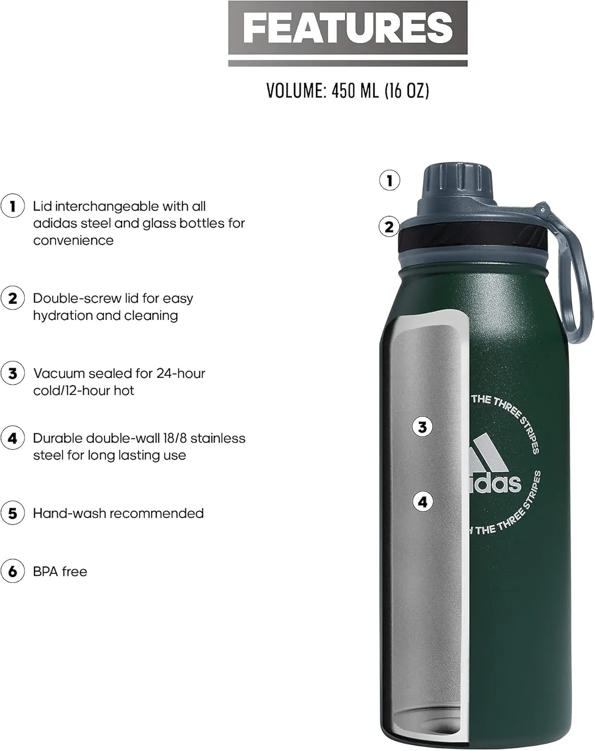 adidas 1 Liter (32 oz) Metal Water Bottle, Hot/Cold Double-Walled Insulated 18/8 Stainless Steel, Green Oxide/Onix Grey/Silver Metallic, 32 Ounces