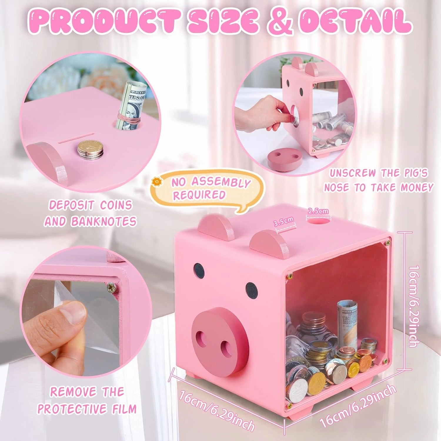 AerWo Wooden Piggy Bank for Kids, Pink Piggy Bank Girls with Acrylic Windows, Unbreakable Piggy Banks with Colored Pens and DIY Stickers, Personalized Saving Money Box for Kids Gift Birthday Christmas