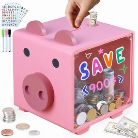 AerWo Wooden Piggy Bank for Kids, Pink Piggy Bank Girls with Acrylic Windows, Unbreakable Piggy Banks with Colored Pens and DIY Stickers, Personalized Saving Money Box for Kids Gift Birthday Christmas