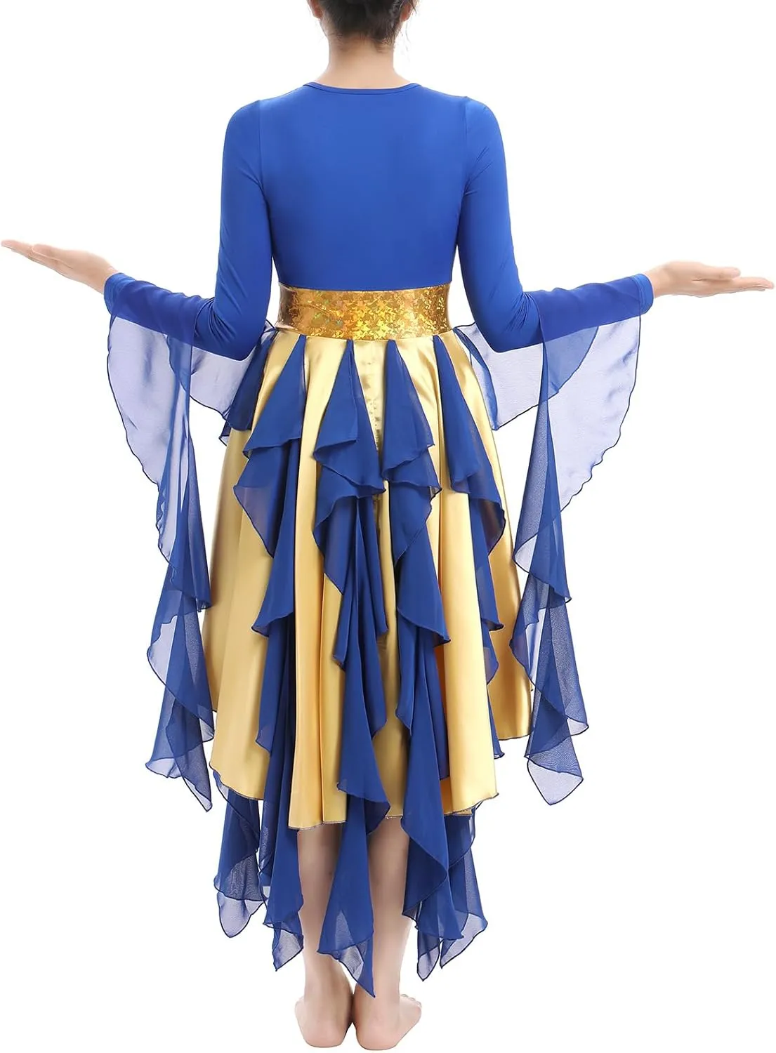 AFAVOM Women Gold Metallic Praise Dance Dress Asymmetric Ruffle Overlay Dress Liturgical Lyrical Dancewear Worship Costume