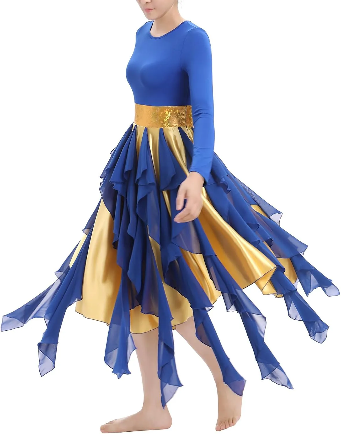AFAVOM Women Gold Metallic Praise Dance Dress Asymmetric Ruffle Overlay Dress Liturgical Lyrical Dancewear Worship Costume
