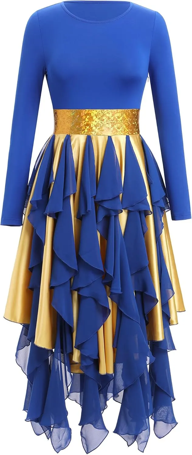 AFAVOM Women Gold Metallic Praise Dance Dress Asymmetric Ruffle Overlay Dress Liturgical Lyrical Dancewear Worship Costume