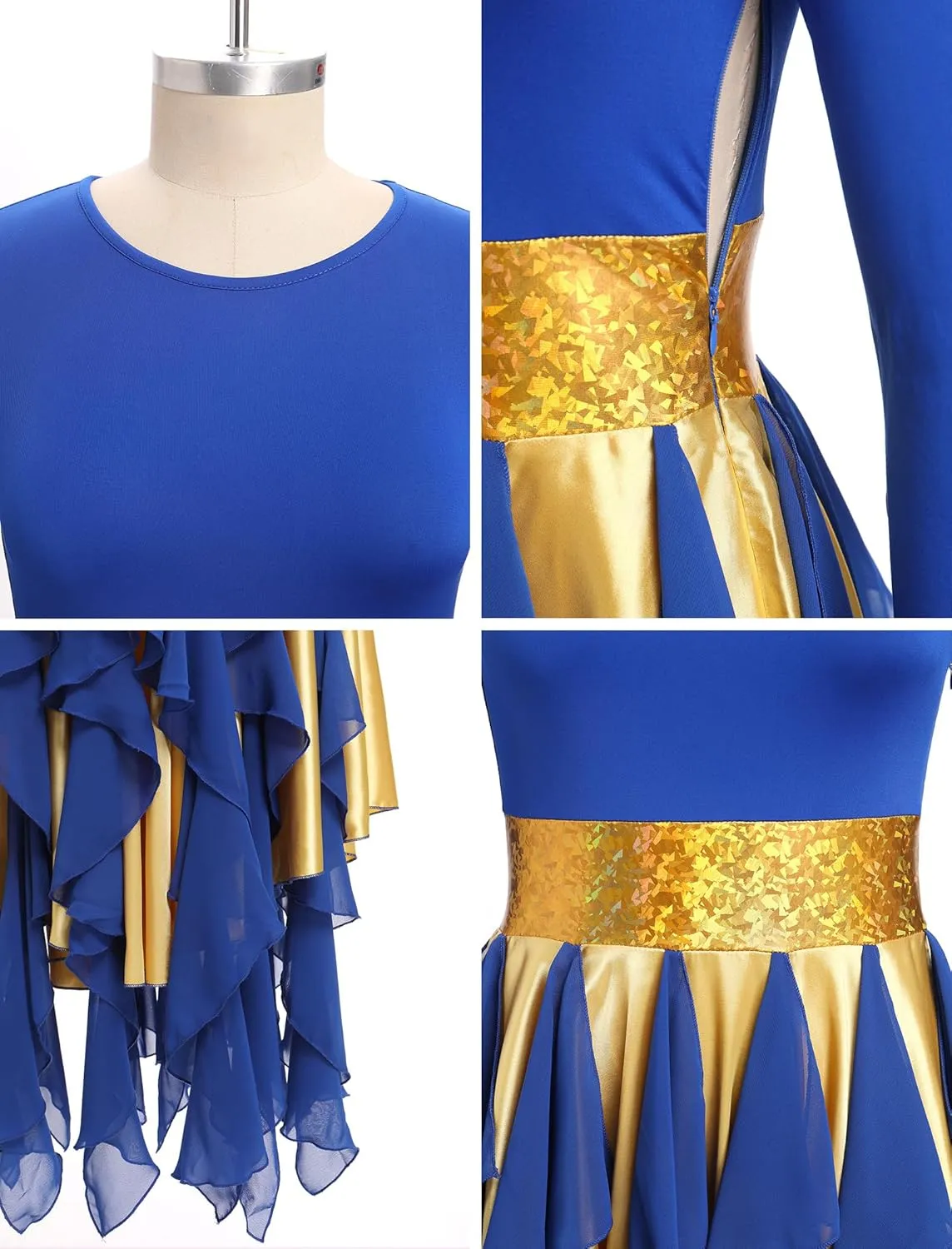 AFAVOM Women Gold Metallic Praise Dance Dress Asymmetric Ruffle Overlay Dress Liturgical Lyrical Dancewear Worship Costume