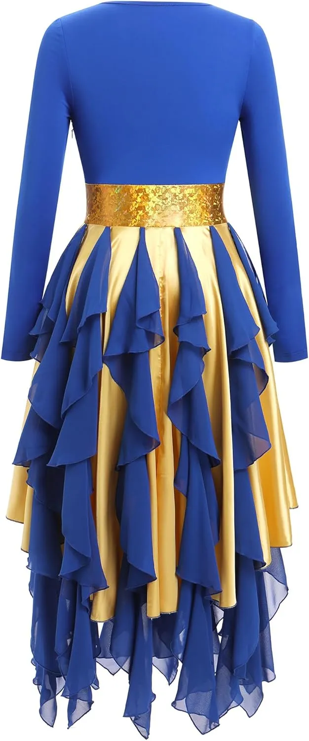 AFAVOM Women Gold Metallic Praise Dance Dress Asymmetric Ruffle Overlay Dress Liturgical Lyrical Dancewear Worship Costume