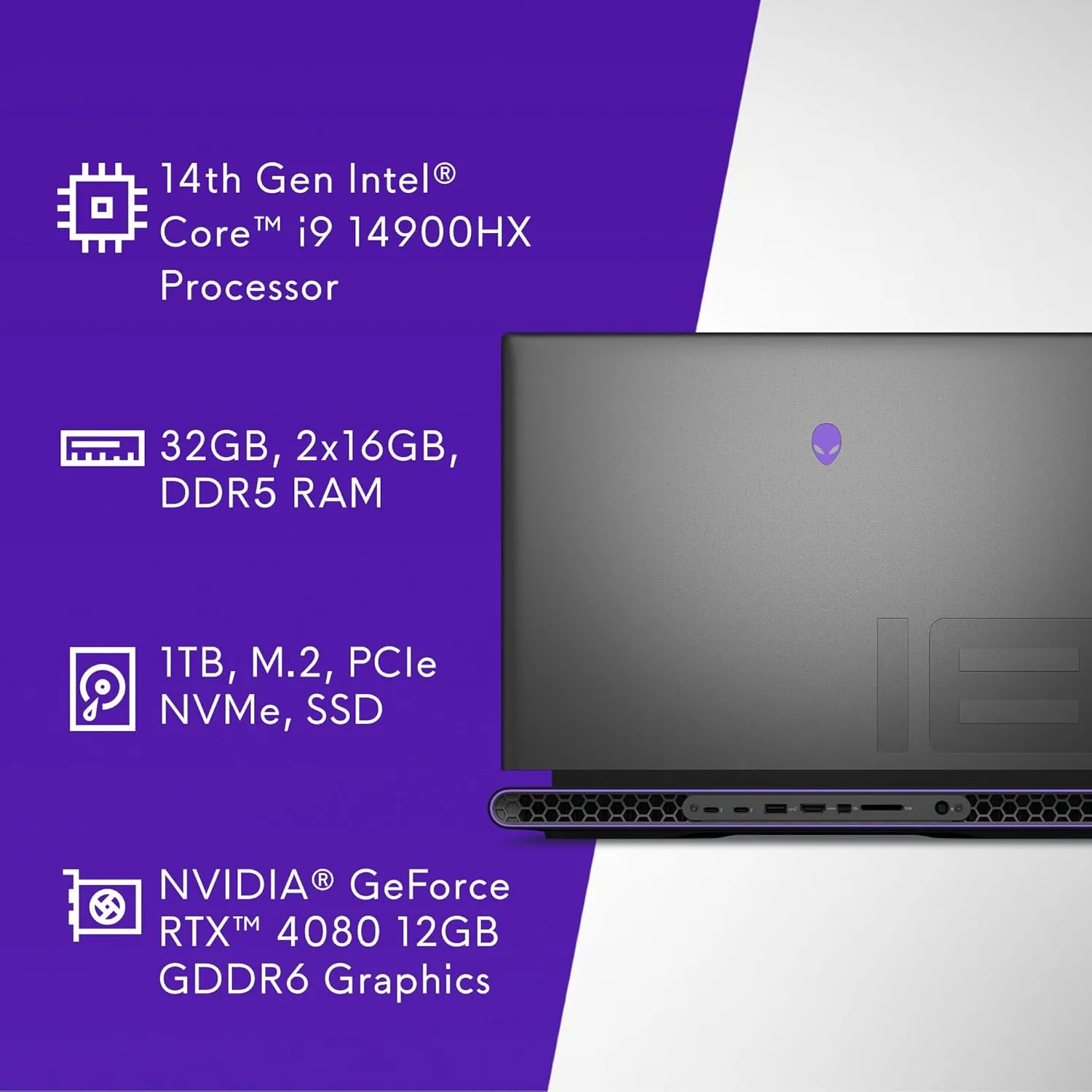 Alienware M18 R2 Gaming Laptop - 18 QHD  165Hz 3ms Display, Intel Core i9-14900HX, 32GB DDR5 RAM, 1TB SSD, NVIDIA GeForce RTX 4080 12 GB GDDR6, Windows 11 Home, Onsite Service - Dark Metallic Moon