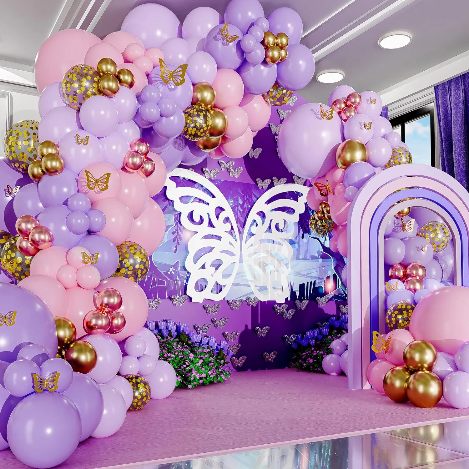 ALL-IN-1 Pink and Purple Balloon Arch Kit & Garland with BONUS Gold Butterfly Balloon Arch Kit – Pastel Pinks and Purples balloons for Girl Pink and Purple Party Decorations or Baby Shower Decorations