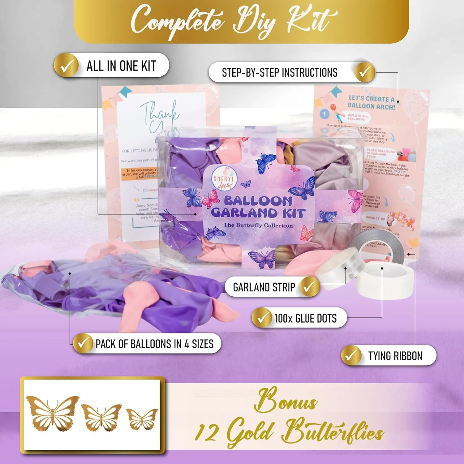 ALL-IN-1 Pink and Purple Balloon Arch Kit & Garland with BONUS Gold Butterfly Balloon Arch Kit – Pastel Pinks and Purples balloons for Girl Pink and Purple Party Decorations or Baby Shower Decorations