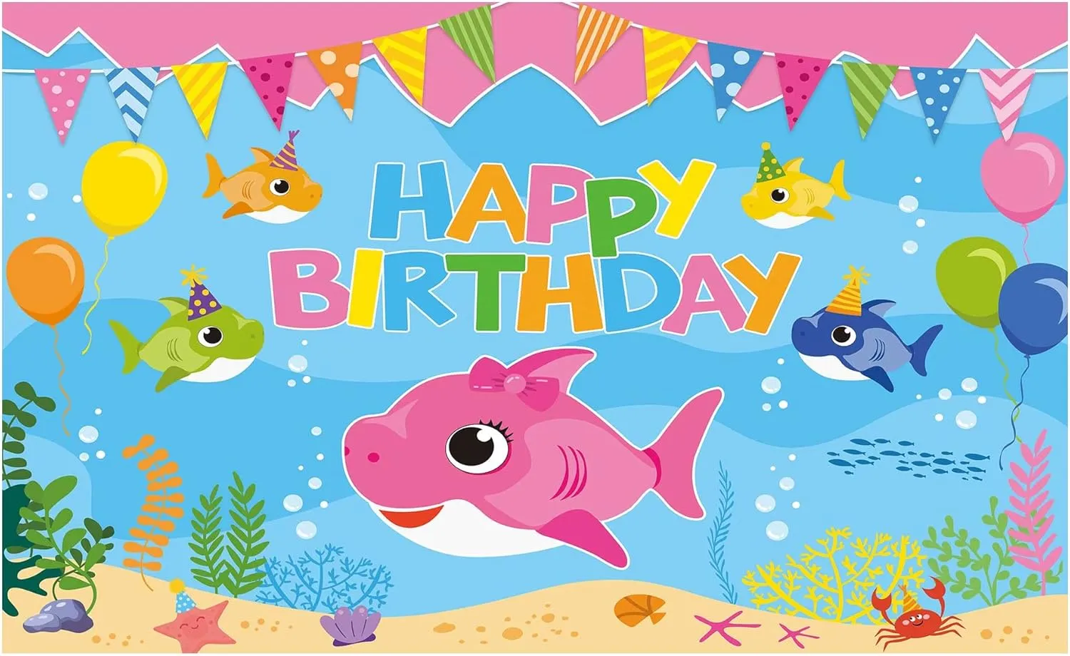 Allenjoy Cartoon Pink Shark Party Happy Birthday Theme Backdrop Photography Family Under The Sea Background for Girl Supplies Decoration