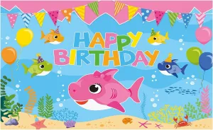 Allenjoy Cartoon Pink Shark Party Happy Birthday Theme Backdrop Photography Family Under The Sea Background for Girl Supplies Decoration