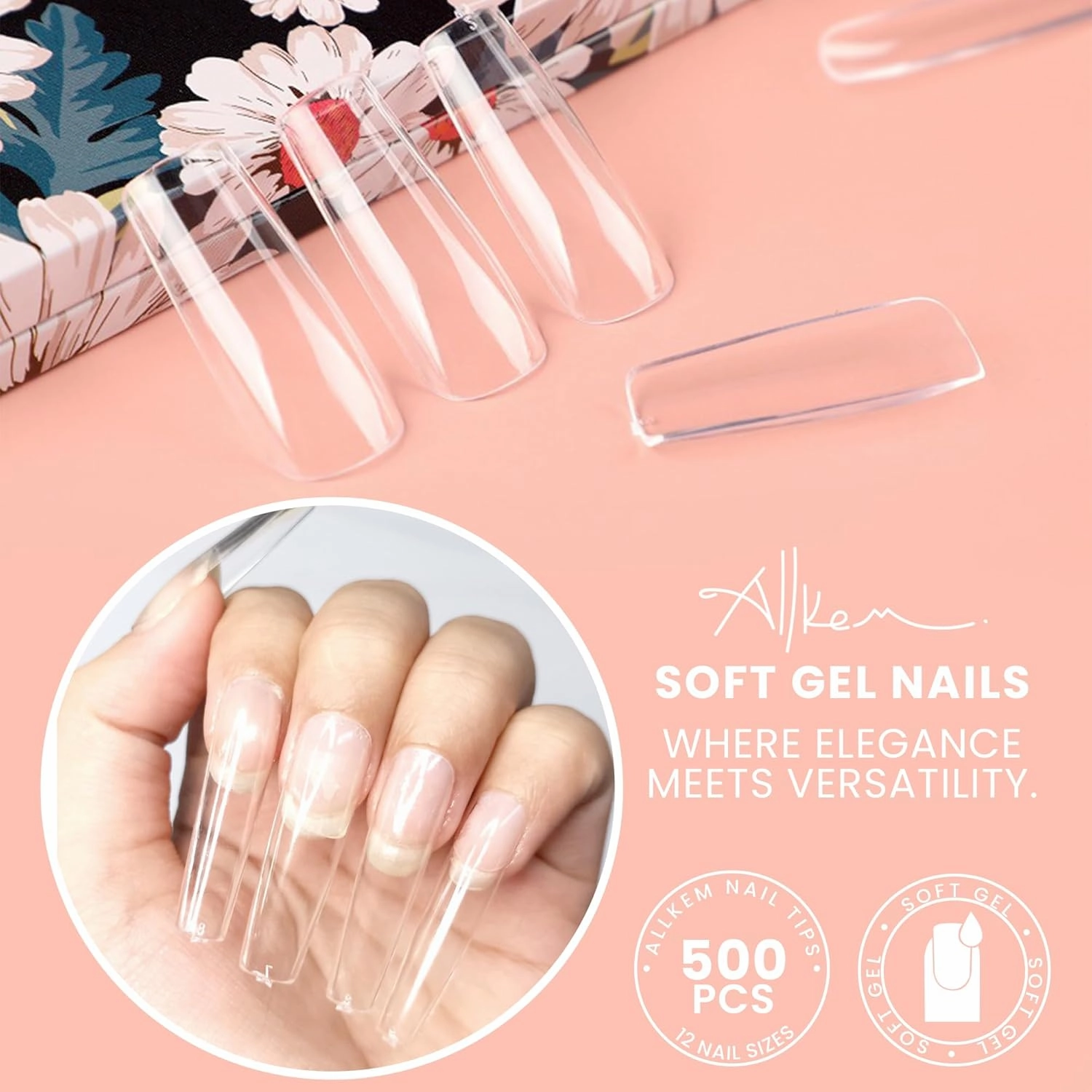 Allkem Soft Gel Nail Tips - XL Square Nail Extensions with Refill Bag - 12 Sizes Extra Long Full Cover Nails - Clear (500 Pieces)