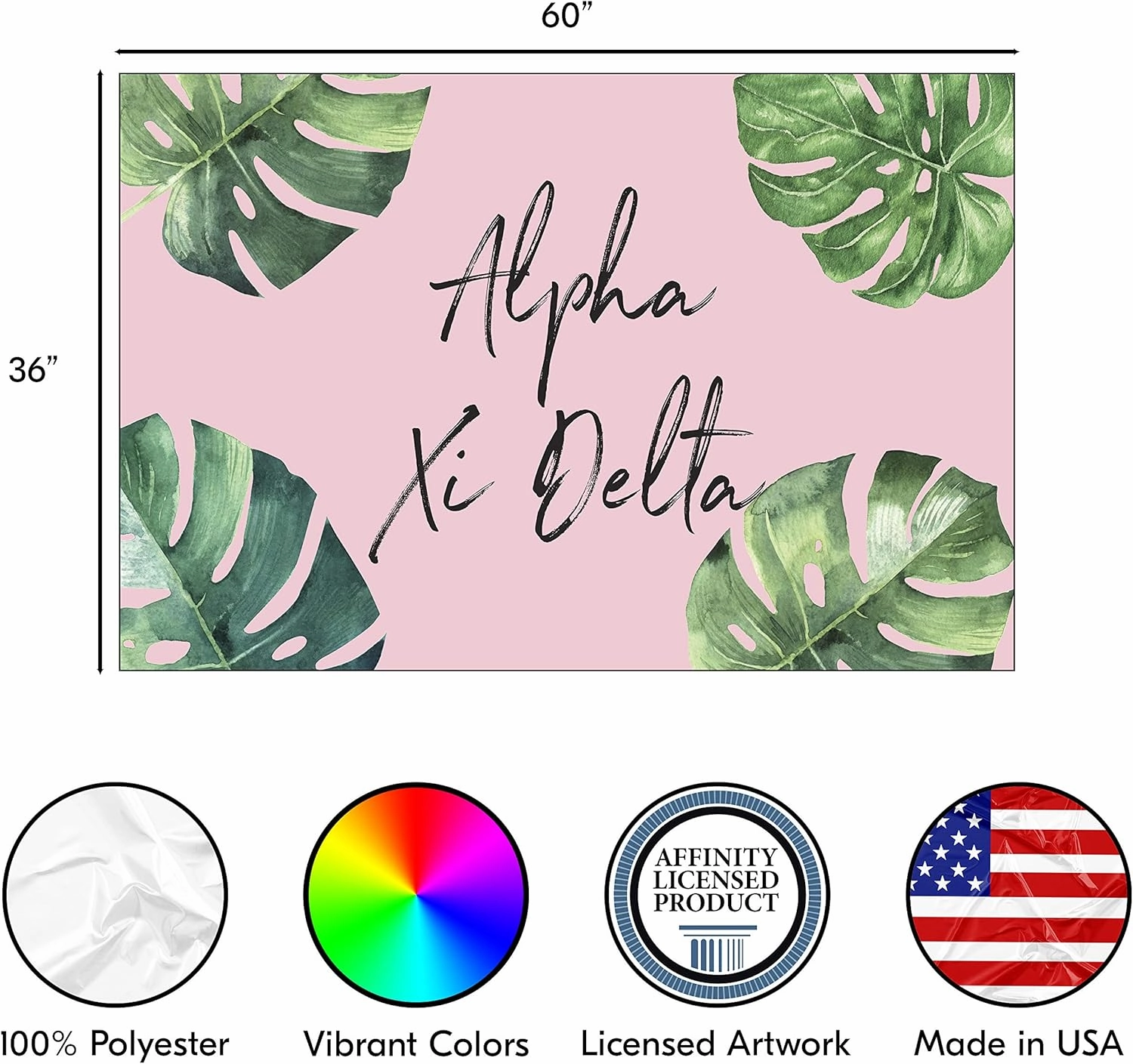 Alpha Xi Delta Greek Sorority & Fraternity Flag Officially Licensed, Tapestry, Display Banner, Sign, Letter Pattern Large Decor - 3 feet x 5 feet - Pink Palm