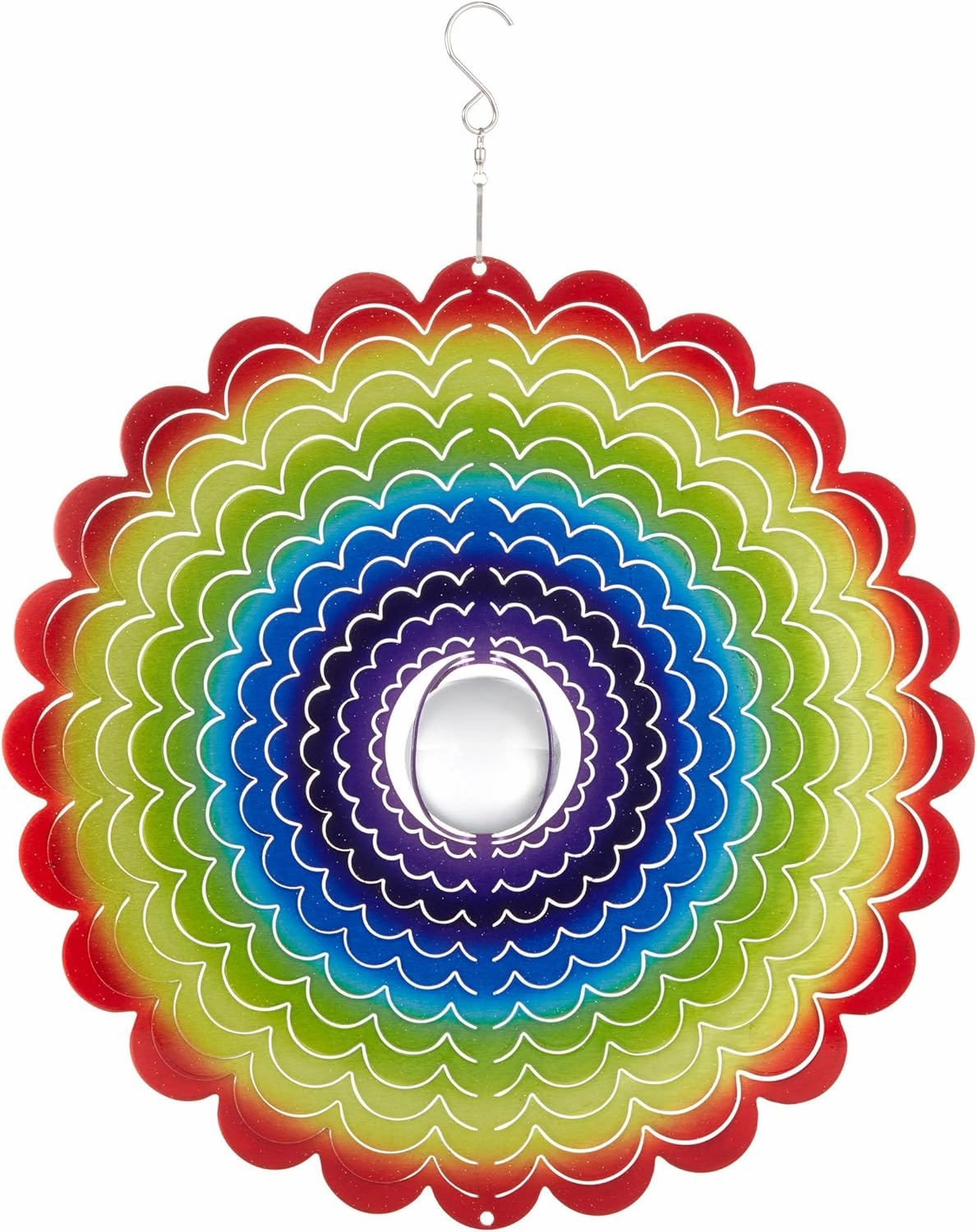 Alpine Corporation 12" Round Outdoor Hanging Rainbow Flower Metal Planet Wind Spinner with Clear Glass Ball