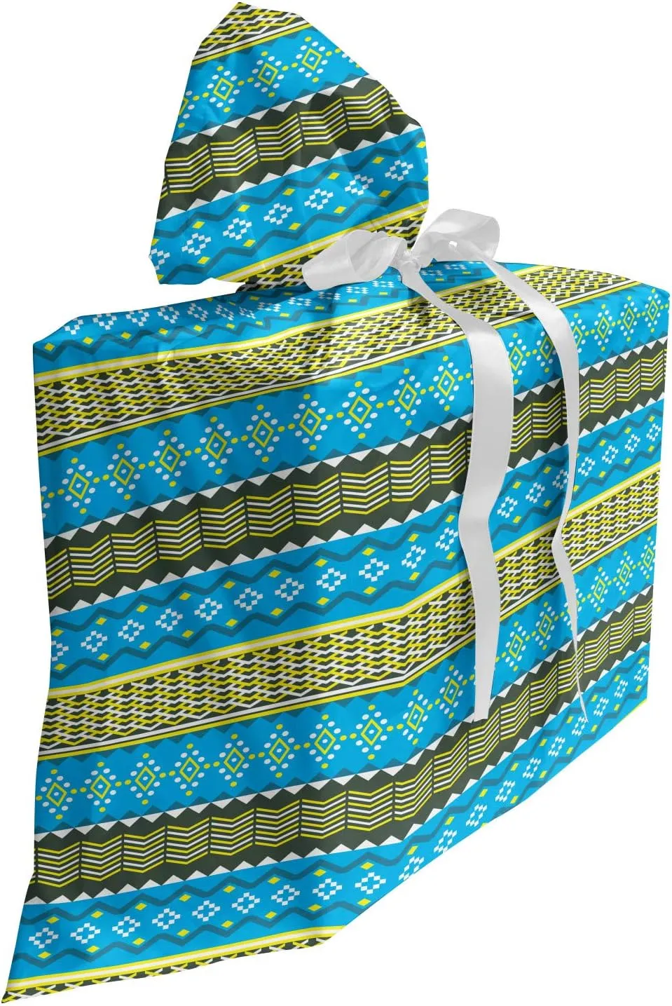 Ambesonne Abstract Fabric Gift Bag, Rhythmic Demonstration of Aztec Inspired Triangles Zigzags in Summer Tones, Present Sack for Parties Birthdays with 3 Ribbons, 27, Sky Blue Yellow