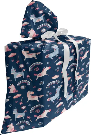 Ambesonne Animal Fabric Gift Bag, Unicorn Party and Rainbows Interpretation, Present Sack for Parties Birthdays with 3 Ribbons, 27, Night Blue Multicolor