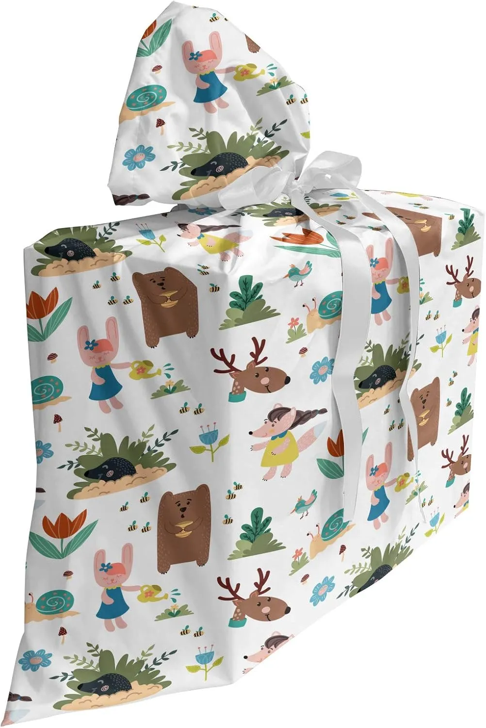 Ambesonne Animal Gift Bag, Funny Adventure in Woodland Themed Happy Deer Mole and Leafy Flowers Huddle Pattern, Fabric Party Favor Pouch with 3 Ribbons, 27" x 32", Multicolor
