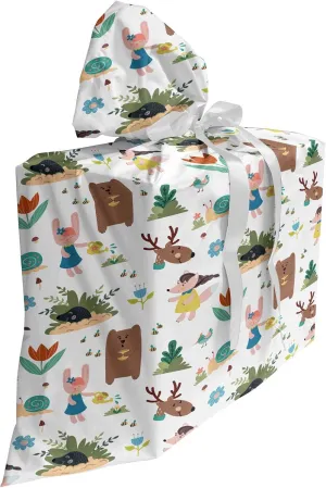 Ambesonne Animal Gift Bag, Funny Adventure in Woodland Themed Happy Deer Mole and Leafy Flowers Huddle Pattern, Fabric Party Favor Pouch with 3 Ribbons, 27" x 32", Multicolor