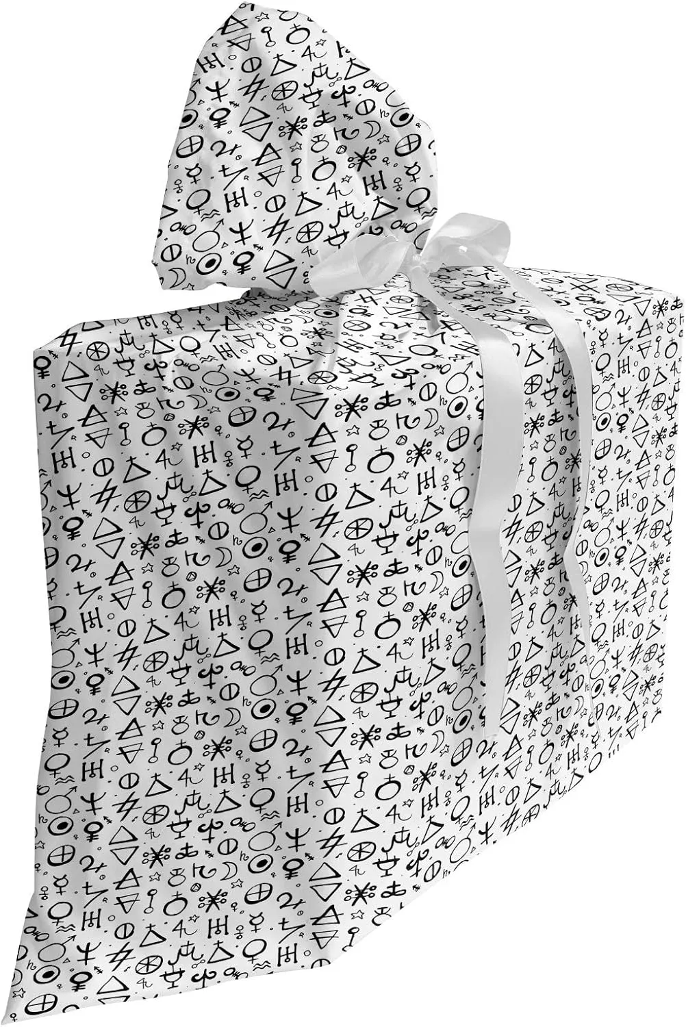 Ambesonne Astrology Fabric Gift Bag, Geometric Pattern with Alchemy and Esoteric Shapes Historic Wisdom Monochrome, Present Sack for Parties Birthdays with 3 Ribbons, 27" x 32", White Black