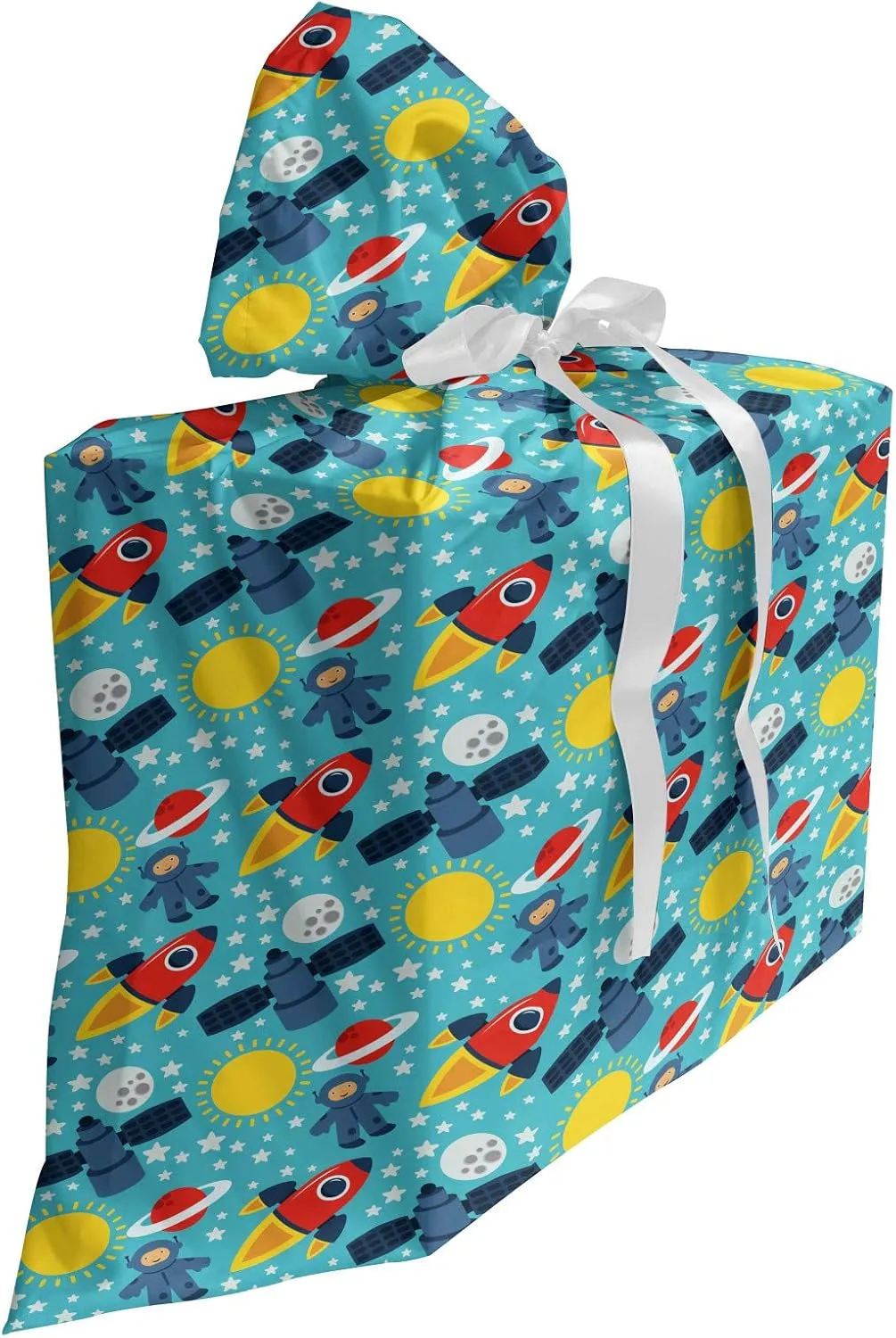 Ambesonne Astronaut Gift Bag, Vibrant Graphic with Cosmonaut Stars Rocket Sun Mercury Cartoon, Fabric Party Favor Pouch with 3 Ribbons, 27, Multicolor
