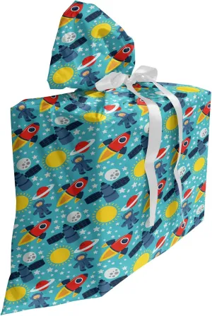 Ambesonne Astronaut Gift Bag, Vibrant Graphic with Cosmonaut Stars Rocket Sun Mercury Cartoon, Fabric Party Favor Pouch with 3 Ribbons, 27, Multicolor