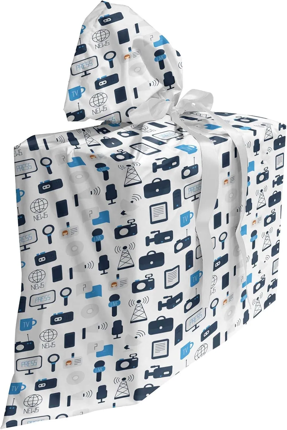 Ambesonne Blue and White Fabric Gift Bag, Journalism Mass Media Communication Theme Press TV News, Present Sack for Parties Birthdays with 3 Ribbons, 27, Pale Blue Dark Blue