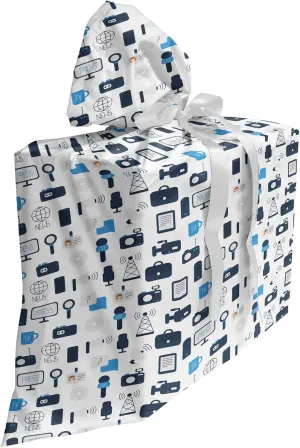 Ambesonne Blue and White Fabric Gift Bag, Journalism Mass Media Communication Theme Press TV News, Present Sack for Parties Birthdays with 3 Ribbons, 27, Pale Blue Dark Blue