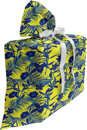 Ambesonne Botanical Gift Bag, Summer Toned Palm Leaves Along Hibiscus Blossoms Tropic Essence Paradise, Fabric Party Favor Pouch with 3 Ribbons, 27, Yellow Navy Blue