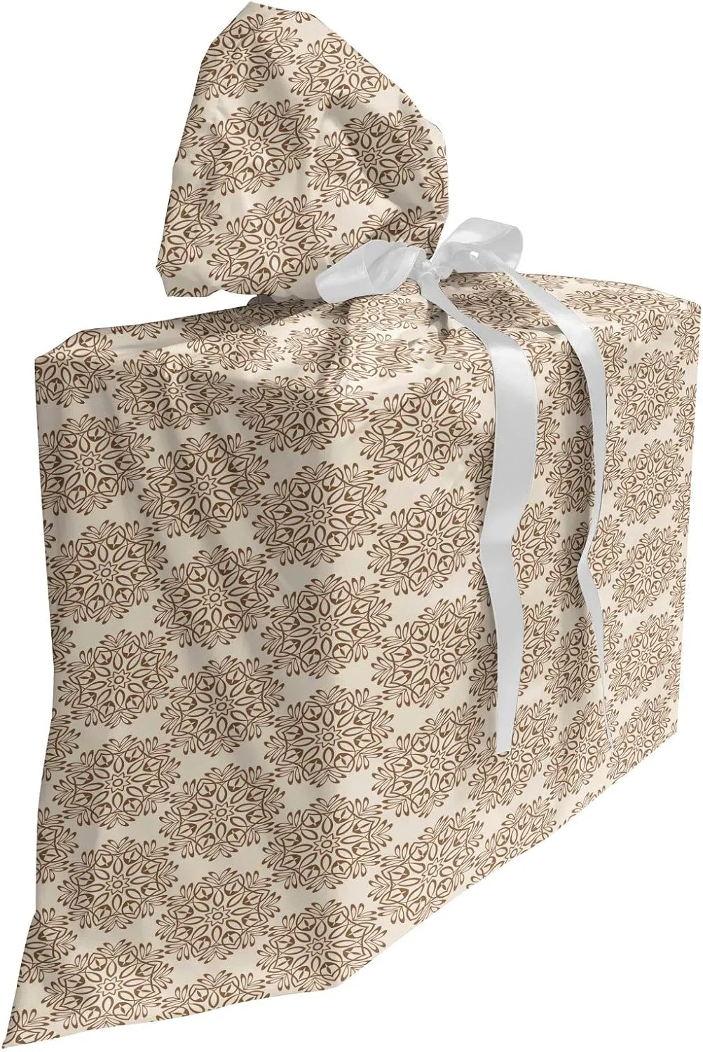 Ambesonne Brown Mandala Fabric Gift Bag, Prehistoric Floral Mandala Art with Repeating Style Motif, Present Sack for Parties Birthdays with 3 Ribbons, 27, Eggshell and Chocolate