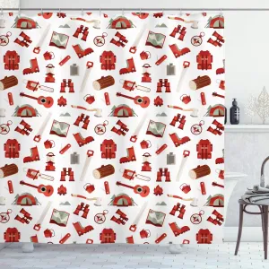 Ambesonne Camping Shower Curtain, Lumberjack Elements from Outdoor Leisure Activities in Vinous Tones, Cloth Fabric Bathroom Decor Set with Hooks, 69" W x 84" L, White Vermilion and Brown
