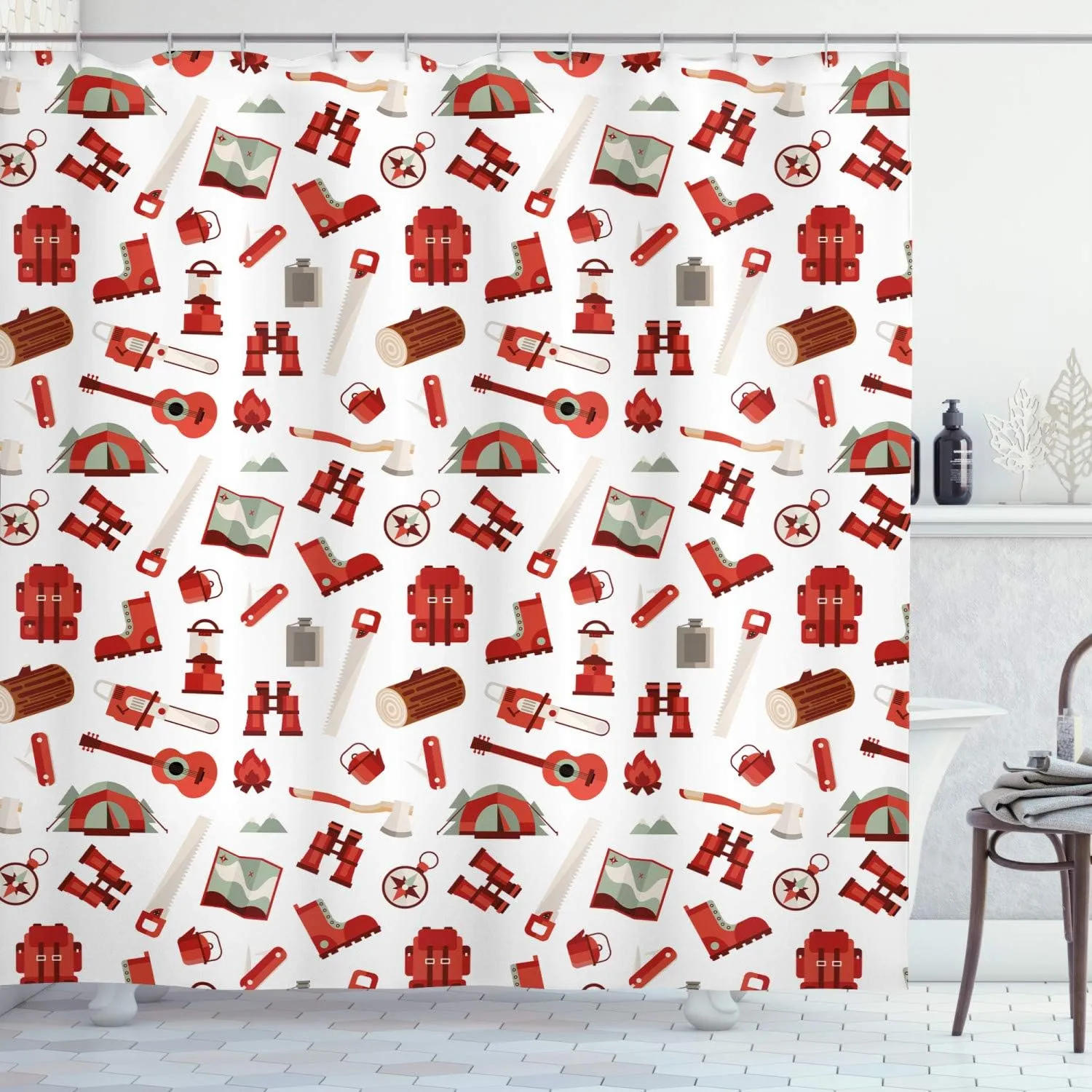 Ambesonne Camping Shower Curtain, Lumberjack Elements from Outdoor Leisure Activities in Vinous Tones, Cloth Fabric Bathroom Decor Set with Hooks, 69" W x 84" L, White Vermilion and Brown