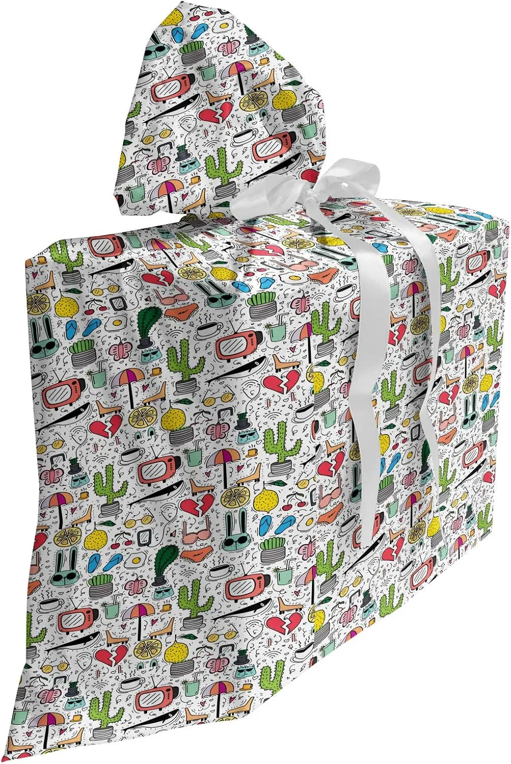 Ambesonne Cartoon Gift Bag, Chaotic Composition of Various Objects Fruit Cactus Bunny TV Glasses Egg Umbrella, Fabric Party Favor Pouch with 3 Ribbons, 27, Multicolor