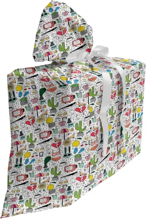 Ambesonne Cartoon Gift Bag, Chaotic Composition of Various Objects Fruit Cactus Bunny TV Glasses Egg Umbrella, Fabric Party Favor Pouch with 3 Ribbons, 27, Multicolor