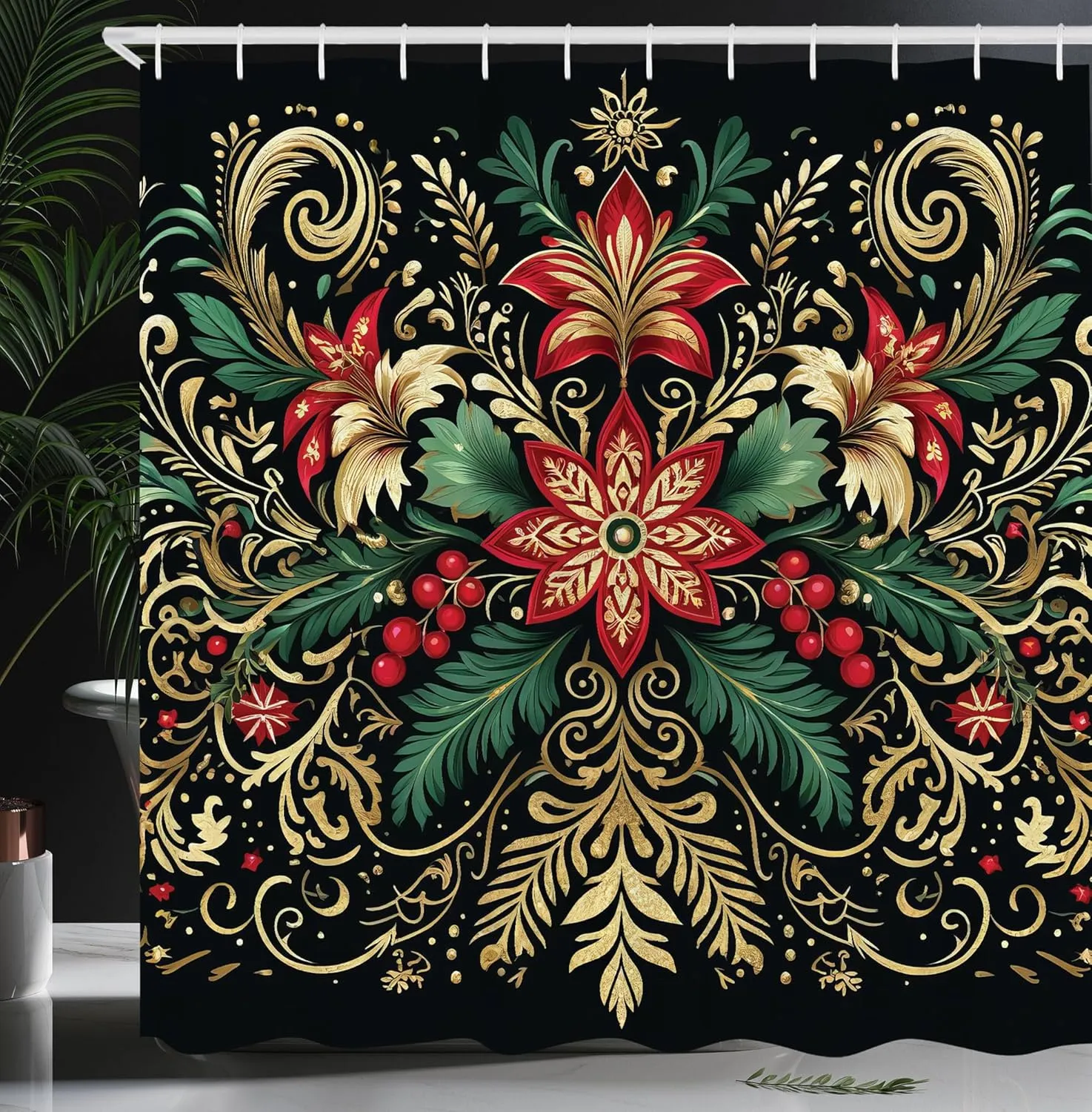 Ambesonne Christmas Shower Curtain, Black Xmas with Victorian Leaves and Flowery Huddle Snowflake Details, Cloth Fabric Bathroom Decor Set with Hooks, 69" W x 70" L, Dark Pink Green Khaki