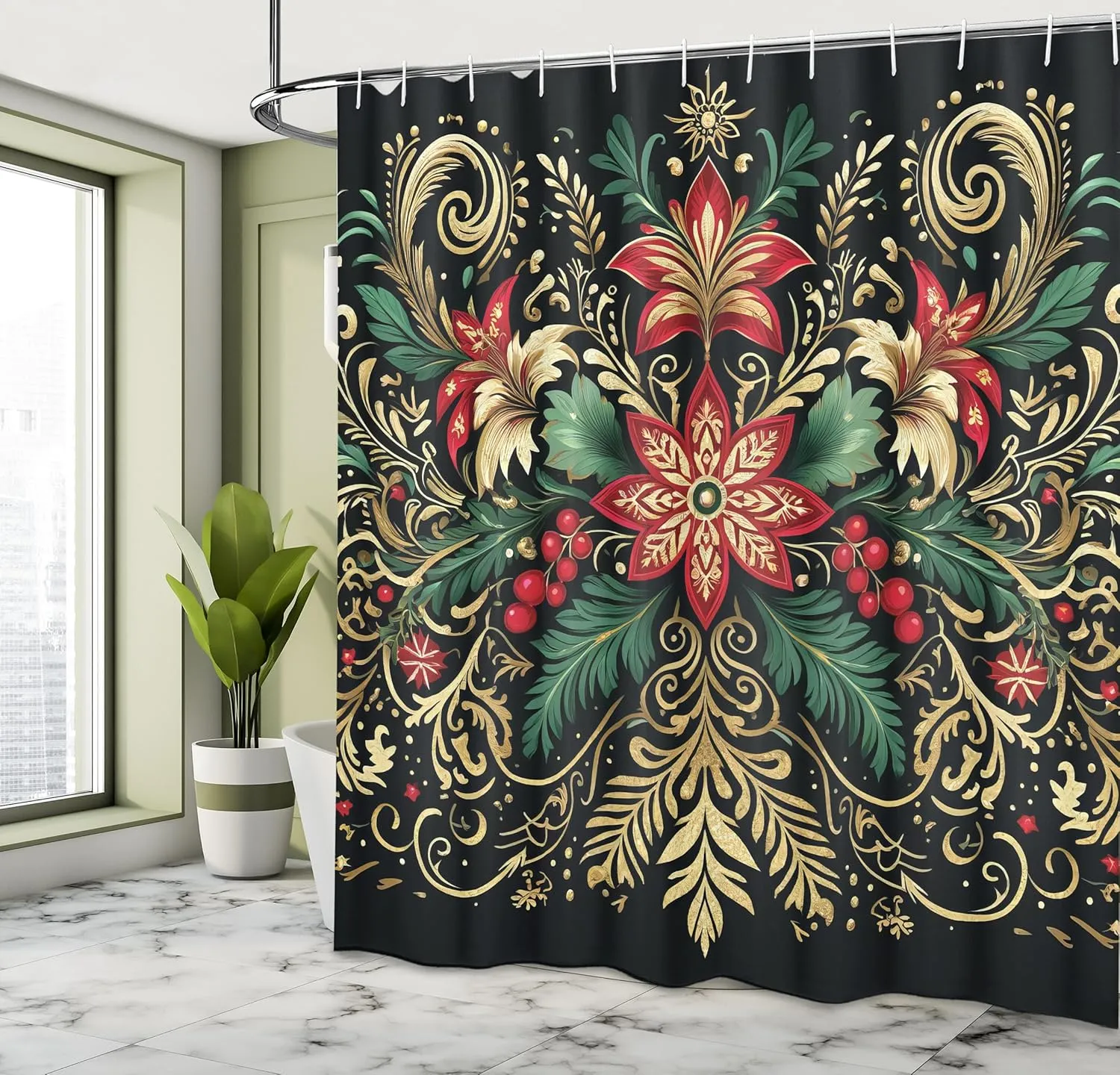 Ambesonne Christmas Shower Curtain, Black Xmas with Victorian Leaves and Flowery Huddle Snowflake Details, Cloth Fabric Bathroom Decor Set with Hooks, 69" W x 70" L, Dark Pink Green Khaki