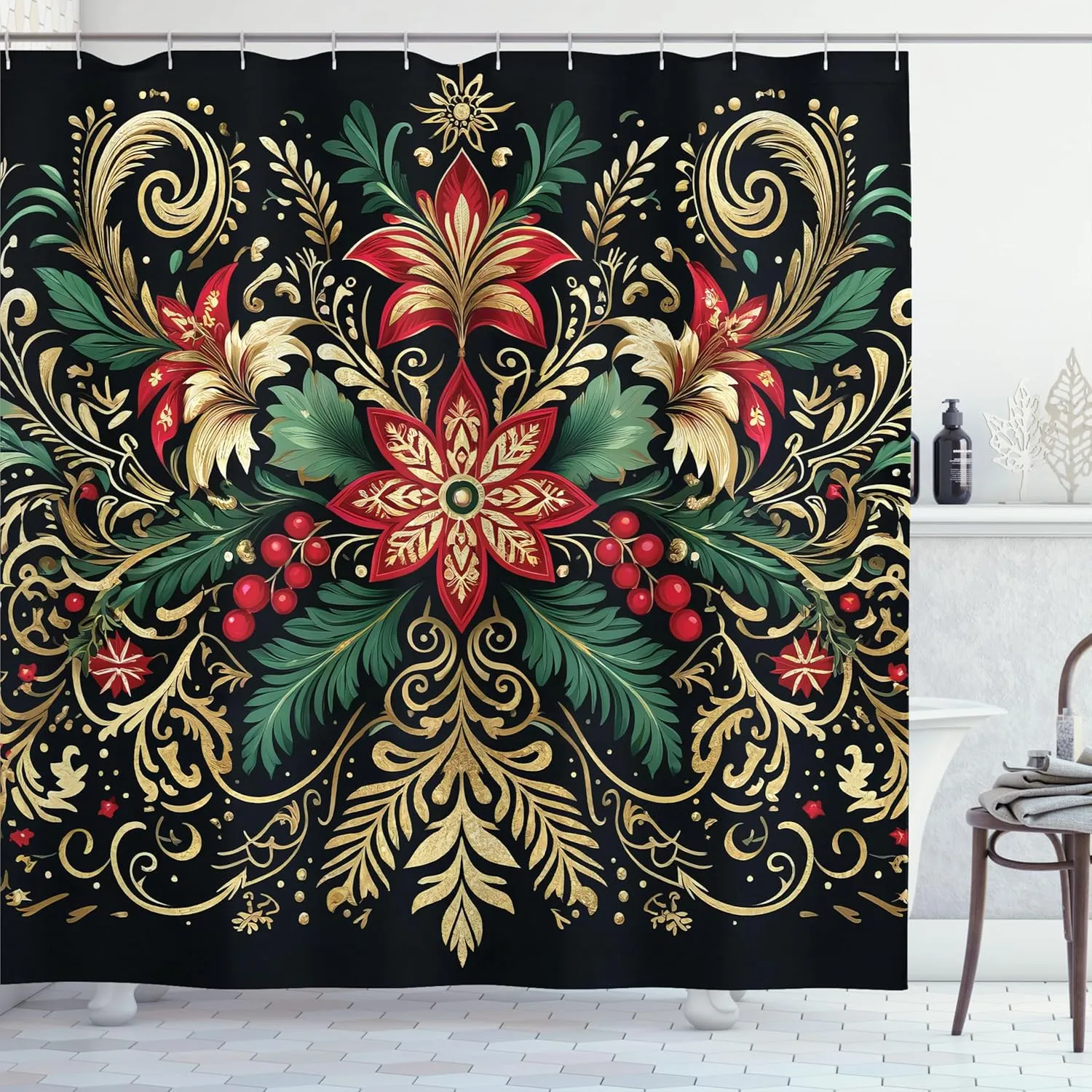 Ambesonne Christmas Shower Curtain, Black Xmas with Victorian Leaves and Flowery Huddle Snowflake Details, Cloth Fabric Bathroom Decor Set with Hooks, 69" W x 70" L, Dark Pink Green Khaki