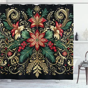 Ambesonne Christmas Shower Curtain, Black Xmas with Victorian Leaves and Flowery Huddle Snowflake Details, Cloth Fabric Bathroom Decor Set with Hooks, 69" W x 70" L, Dark Pink Green Khaki