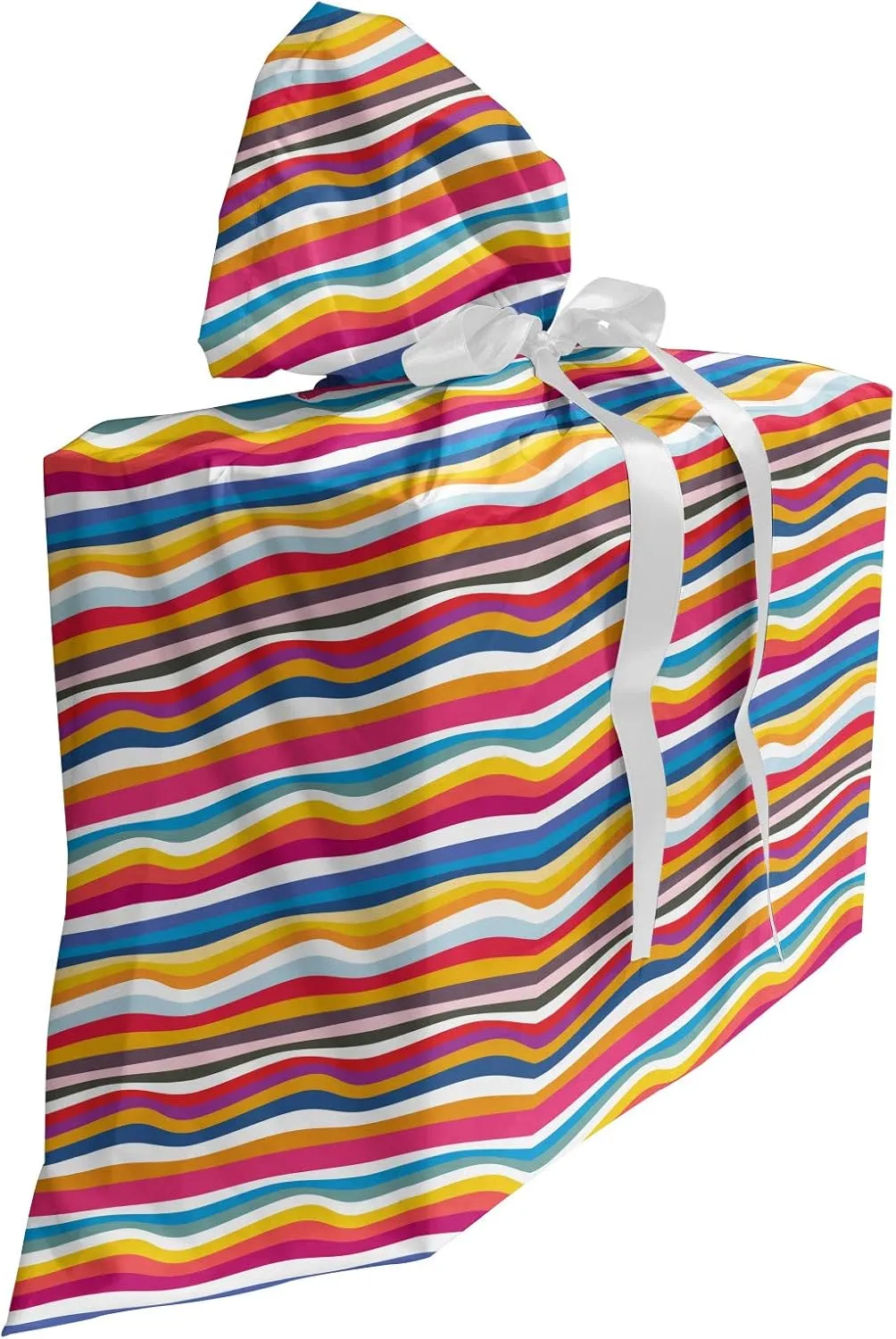 Ambesonne Colorful Fabric Gift Bag, Demonstration of Wavy Stripes Flowing Horizontal Rainbow Inspired Several Tones, Present Sack for Parties Birthdays with 3 Ribbons, 27, Multicolor