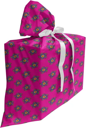 Ambesonne Ethnic Fabric Gift Bag, Windmill Inspired Flowers Made with Leaves Cicles and Polka Dots Art, Present Sack for Parties Birthdays with 3 Ribbons, 27, Hot Pink Green and Blue
