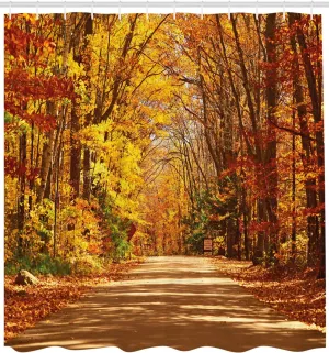 Ambesonne Fall Shower Curtain, Scenic View Outdoors Empty Roadway Surrounded with Deciduous Trees Image, Fabric Bathroom Decor Set with Hooks, 105 inches Extra Wide, Redwood Yellow Orange