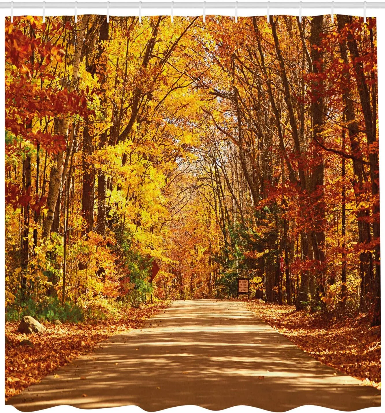 Ambesonne Fall Shower Curtain, Scenic View Outdoors Empty Roadway Surrounded with Deciduous Trees Image, Fabric Bathroom Decor Set with Hooks, 105 inches Extra Wide, Redwood Yellow Orange