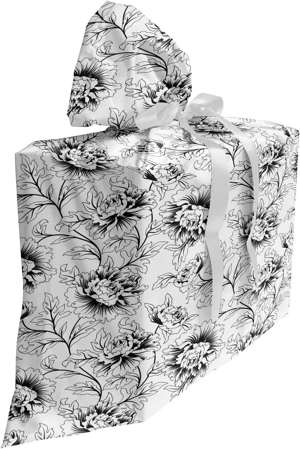 Ambesonne Floral Fabric Gift Bag, Ornamental Flourishing Bouquets Curly Carnation Petals Monochrome Wildflower, Present Sack for Parties Birthdays with 3 Ribbons, 27, Black and White