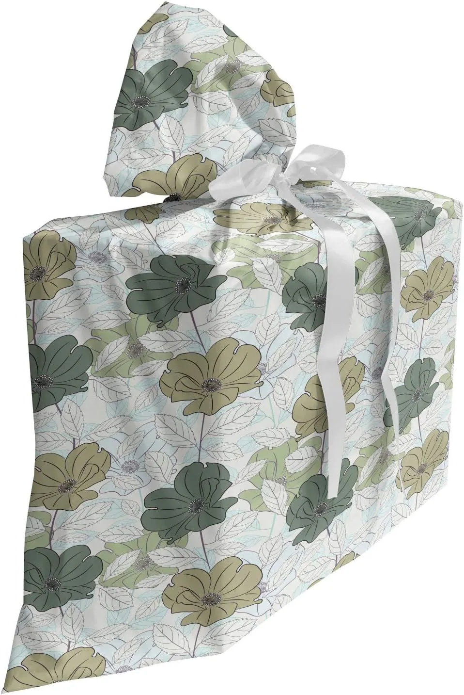 Ambesonne Floral Gift Bag, Demonstration of Botanical Themed Pastel Colored Roses Along Faded Leaves, Fabric Party Favor Pouch with 3 Ribbons, 27, White Laurel Green