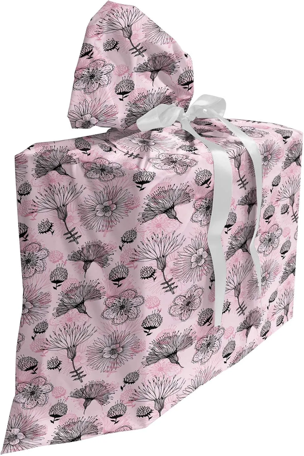 Ambesonne Floral Gift Bag, Demonstration of Romantic Pattern with Lineart Flowers Scenery, Fabric Party Favor Pouch with 3 Ribbons, 27, Pale Pink Charcoal Grey