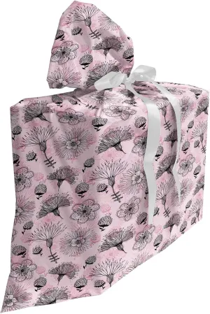 Ambesonne Floral Gift Bag, Demonstration of Romantic Pattern with Lineart Flowers Scenery, Fabric Party Favor Pouch with 3 Ribbons, 27, Pale Pink Charcoal Grey