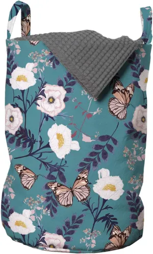 Ambesonne Floral Laundry Bag, Vibrant Selective Color Palette Floral Pattern Butterflies Petals, Hamper Basket with Handles Drawstring Closure for Laundromats, 13" x 19", Multicolor