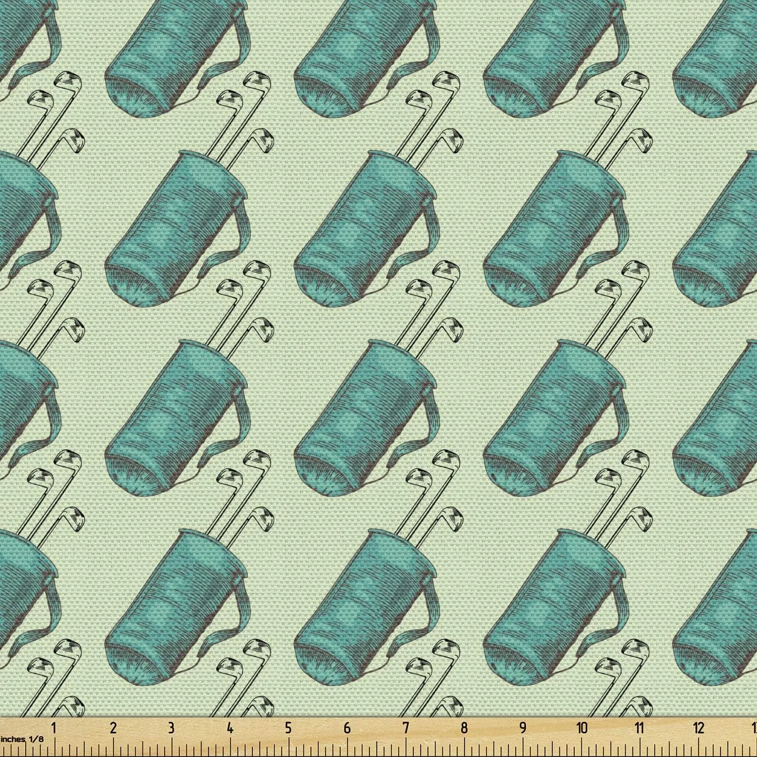 Ambesonne Golf Fabric by The Yard, Clubs in a Bag with Shoulder Straps Modern Sports Hobby Illustration, Decorative Fabric for Upholstery and Home Accents, Turquoise and Pale Green