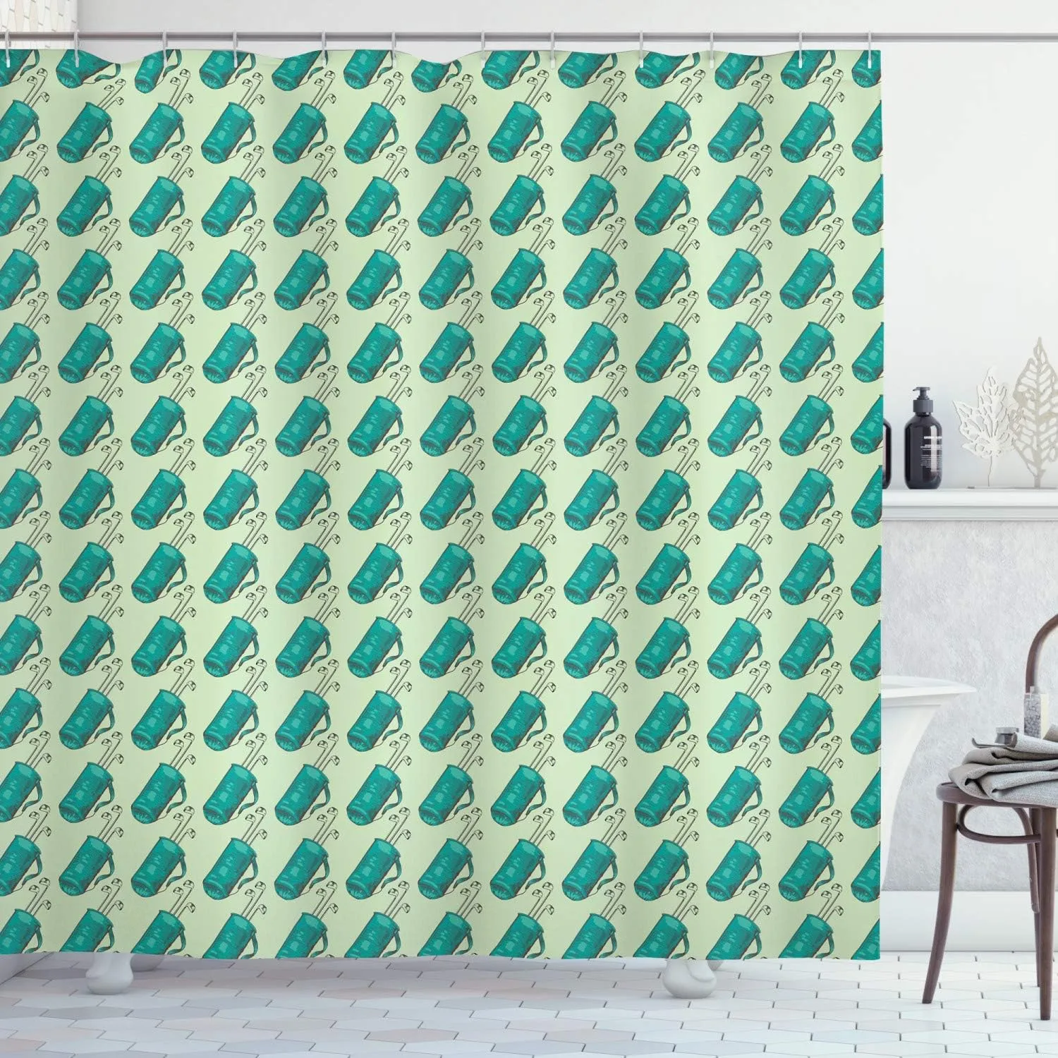 Ambesonne Golf Shower Curtain, Clubs in a Bag with Shoulder Straps Modern Sports Hobby Illustration, Cloth Fabric Bathroom Decor Set with Hooks, 69" W x 70" L, Turquoise and Pale Green