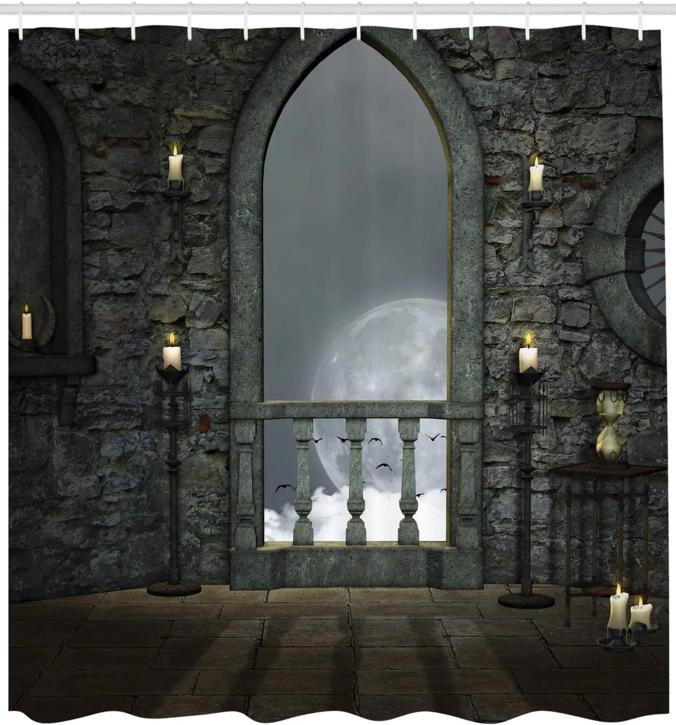Ambesonne Gothic Shower Curtain, Full Moon Birds Fantasy Old Castle Balcony Burning Candle Night View Art, Cloth Fabric Bathroom Decor Set with Hooks, 69" W x 75" L, Reseda Green