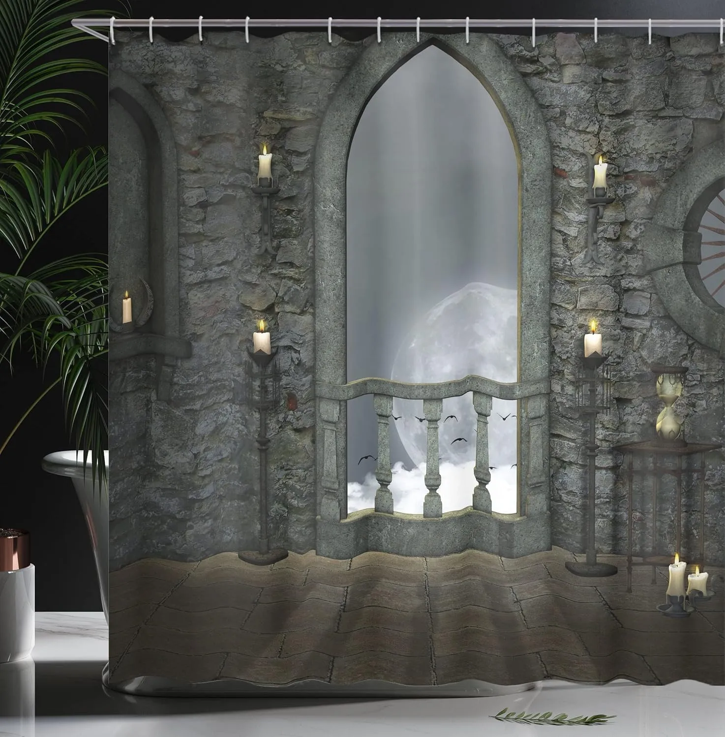 Ambesonne Gothic Shower Curtain, Full Moon Birds Fantasy Old Castle Balcony Burning Candle Night View Art, Cloth Fabric Bathroom Decor Set with Hooks, 69" W x 75" L, Reseda Green