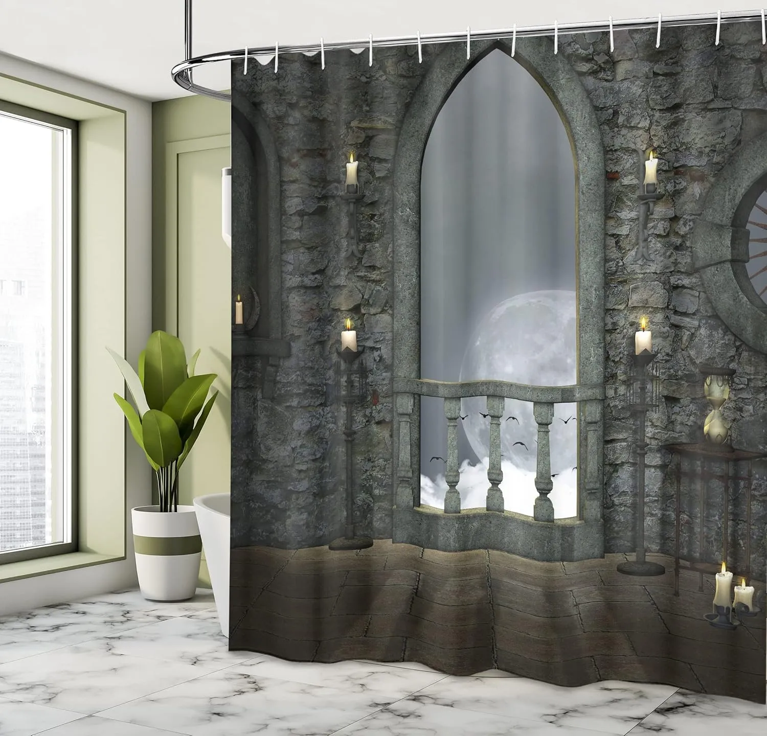 Ambesonne Gothic Shower Curtain, Full Moon Birds Fantasy Old Castle Balcony Burning Candle Night View Art, Cloth Fabric Bathroom Decor Set with Hooks, 69" W x 75" L, Reseda Green